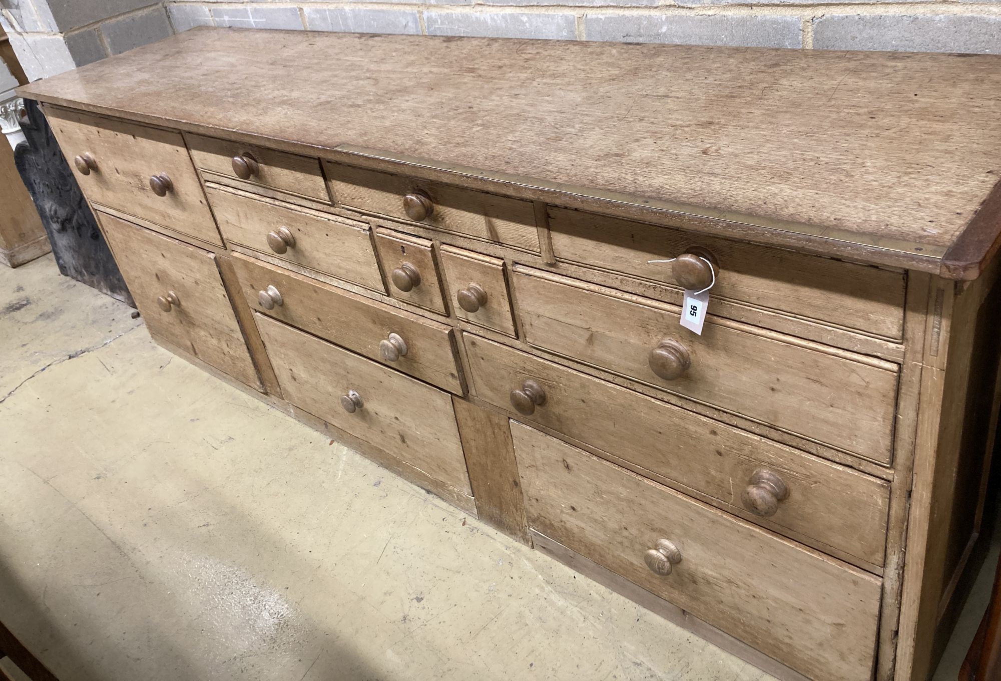 A Victorian pine haberdashery counter, length 232cm, depth 58cm, height 85cm